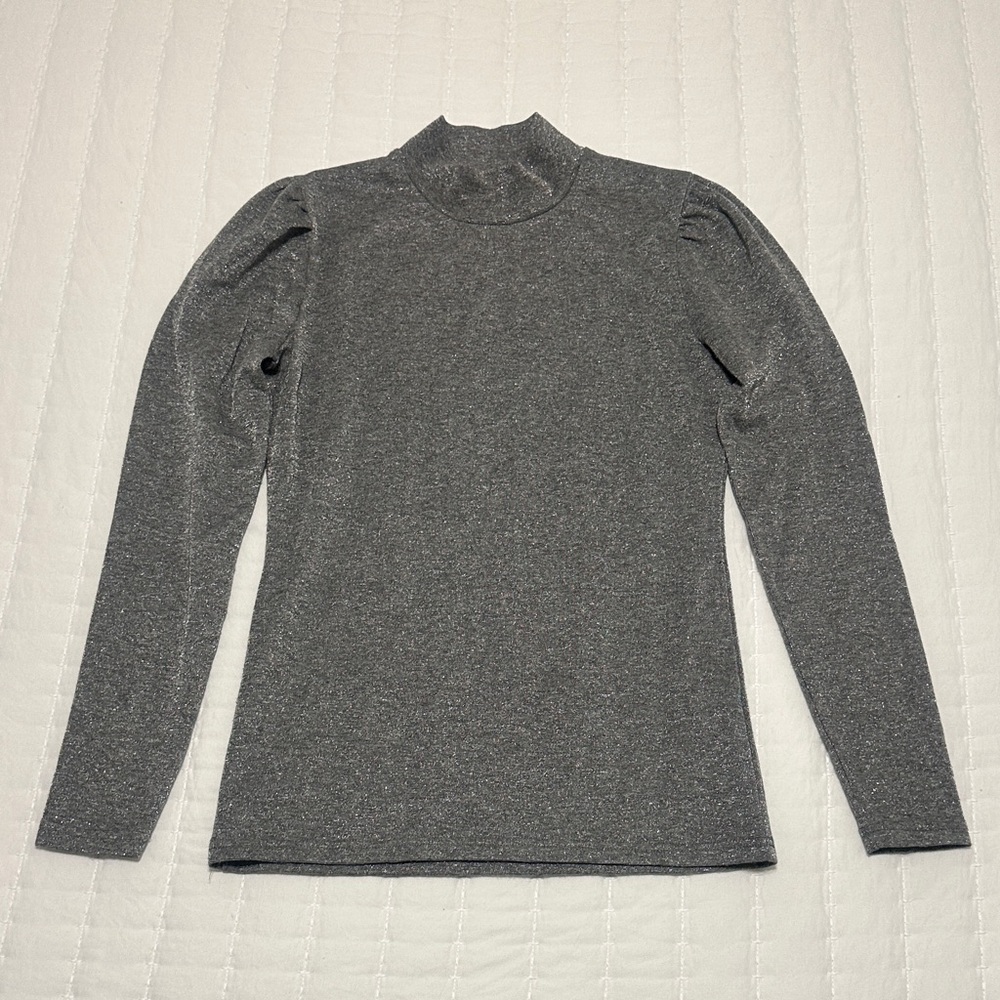J Crew Shimmer Lurex Top Mock Neck Puff Sleeve Metallic Grey Size XS EUC